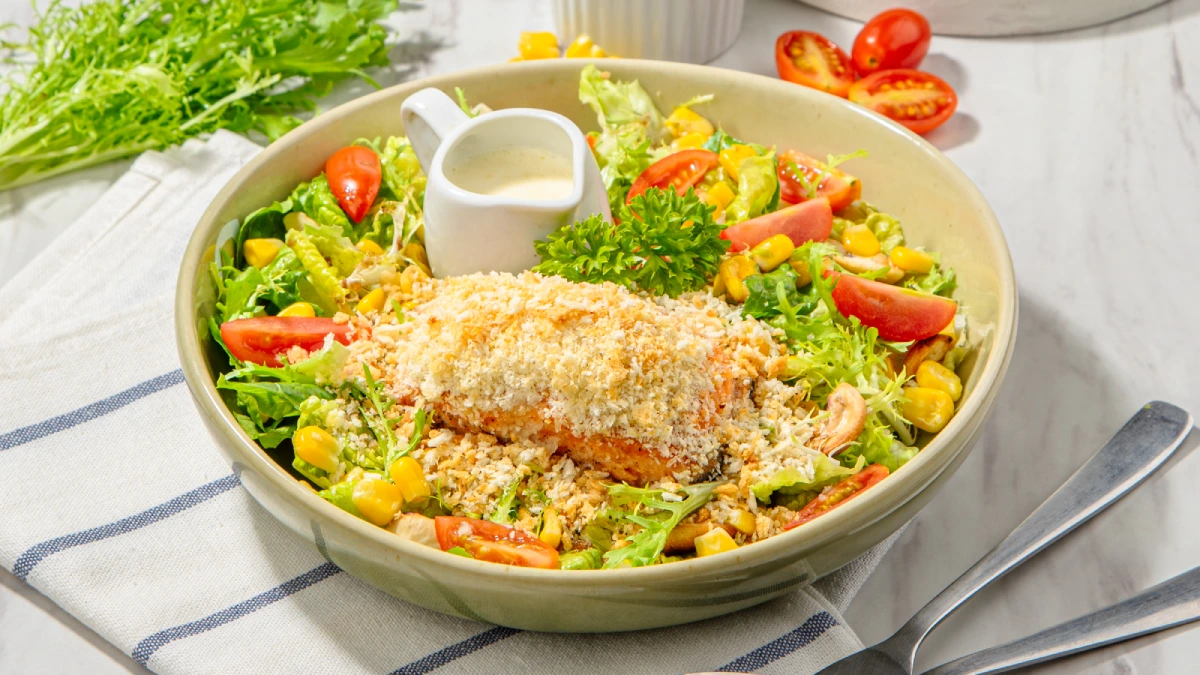 crusted salmon salad healthy food restaurant bandung